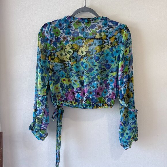 Zara Size XS Floral Print Sheer Faux Wrap Top Long Sleeves Ruffle Trim - Picture 6 of 7